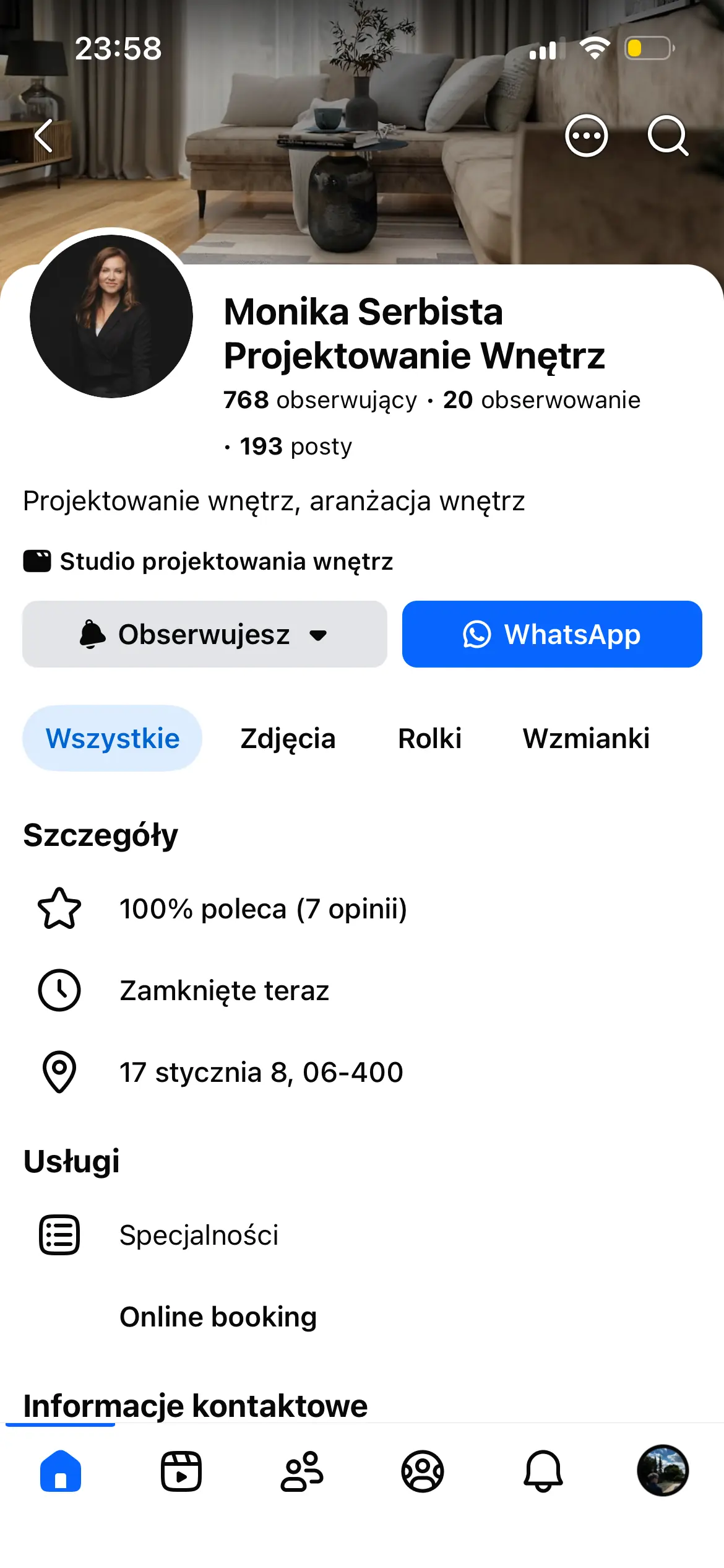 Mobilny profil Monika Serbista Projektowanie Wnętrz na Facebooku